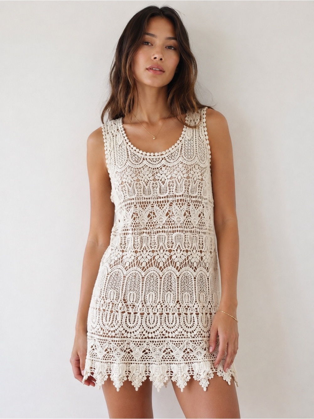 Ivory Crochet Lace Mini Dress Sheer Boho Tunic XS S